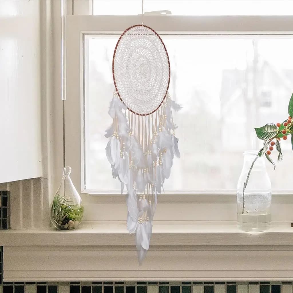 Circular Handmade Dream Catcher with Feather Pendant Wall Hanging Decoration for Home Car Door
