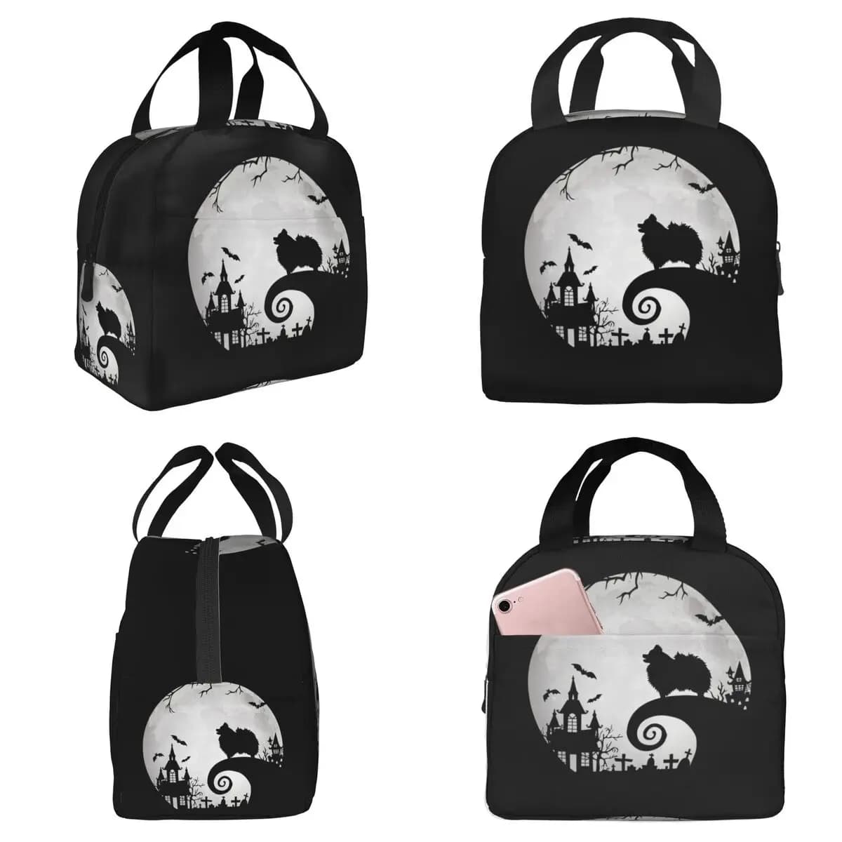 Borsa termica per il pranzo con cane Pomeranian e luna di Halloween, per bambini, scatola termica per la scuola, contenitore per alimenti, borsa termica per il pranzo