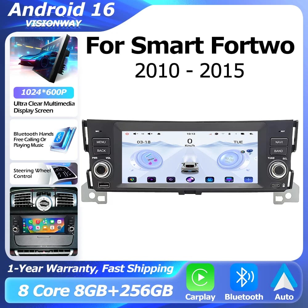 Bluetooth GPS For Smart Fortwo 451 2010-2015 Car Radio WIFI Android 16 Wireless CarPlay Lntelligent Multimedia Player Auto