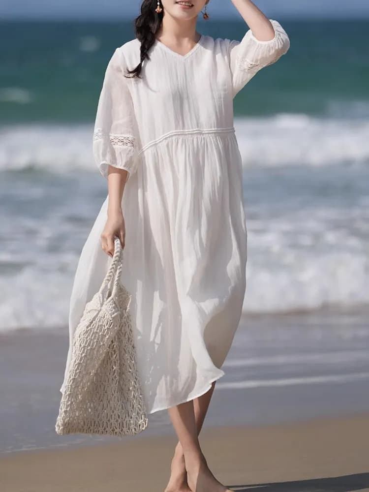 Abito Estivo da Donna in Cotone e Lino per Vacanze al Mare, Nuovo Stile 2025, Gonna Casual Lunga e Fluttuante per Statura Minuta