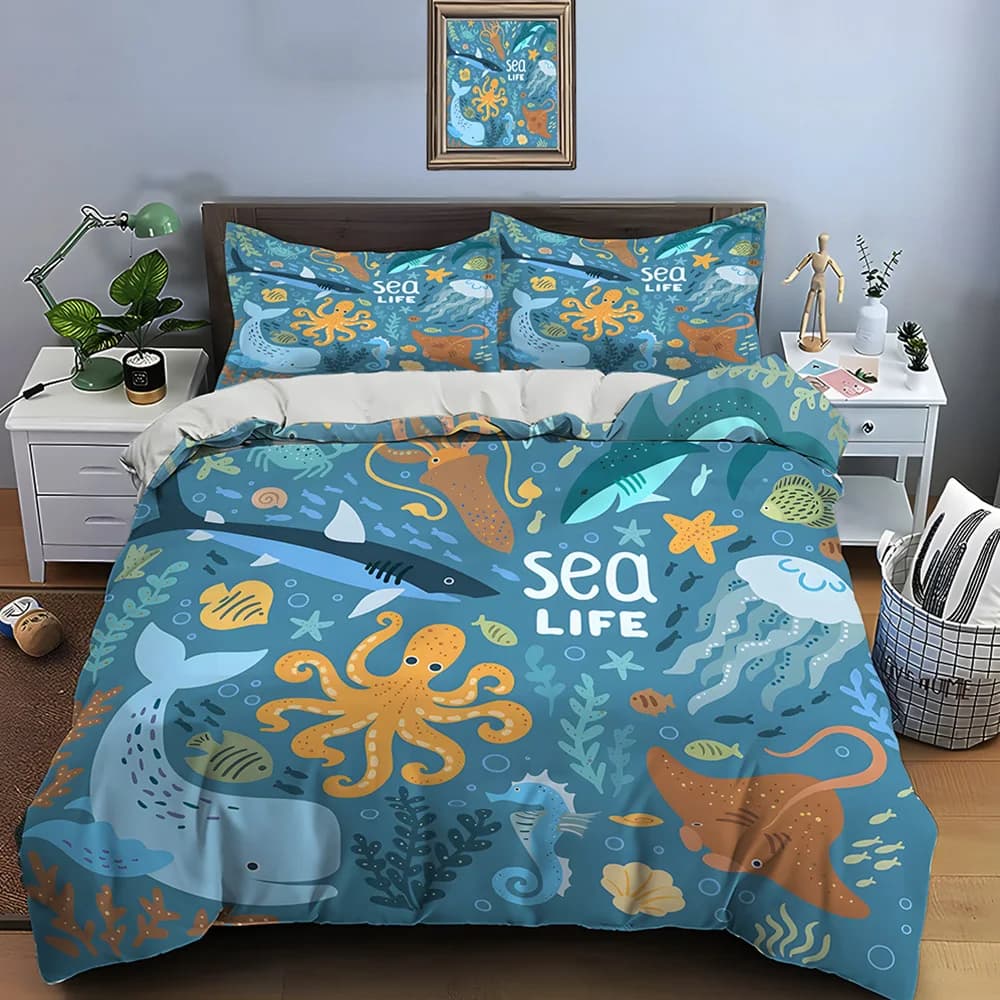 Set di biancheria da letto con stampa illustrativa di vita marina in stile cartone animato, morbido e confortevole, include 1 copripiumino e 2 federe, regali di lusso