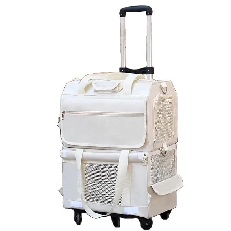 Double Layer Breathable Pet Carrier with Wheels Foldable Outdoor Travel Cat Trolley Case for Two Cats Portable Pet Trolley bag
