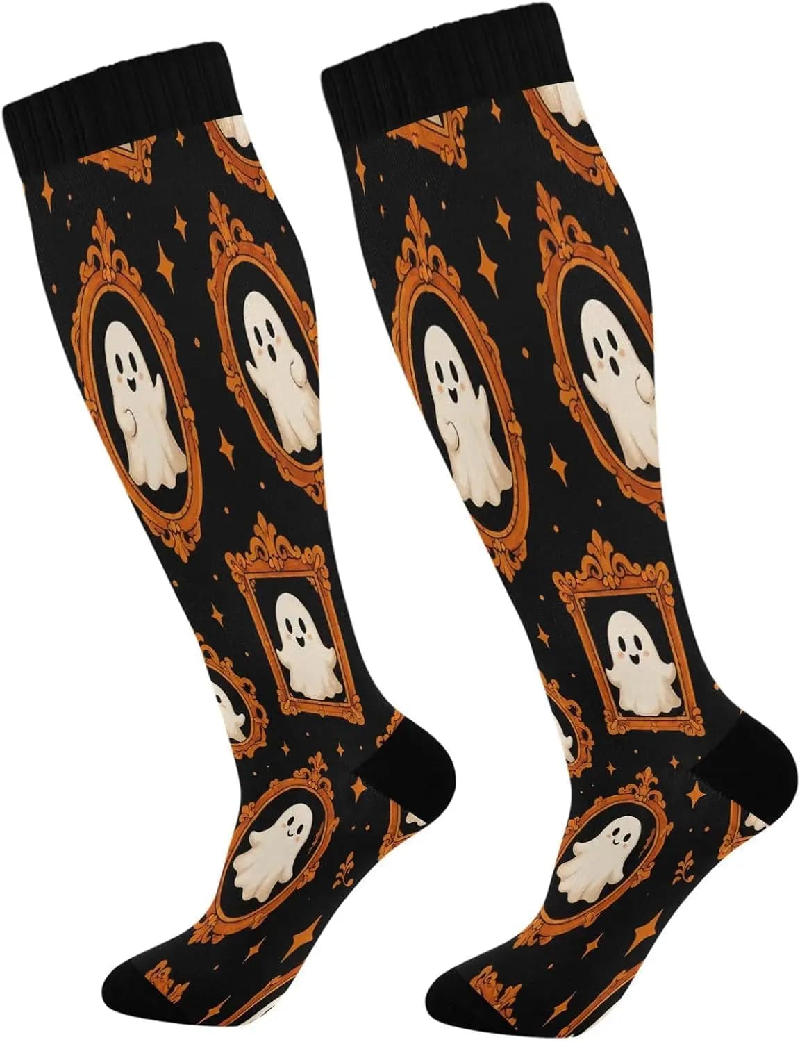 Halloween Boo Compression Socks for Women Men 20-30mmHg Knee High Athletic Stockings, Running Cycling Sport