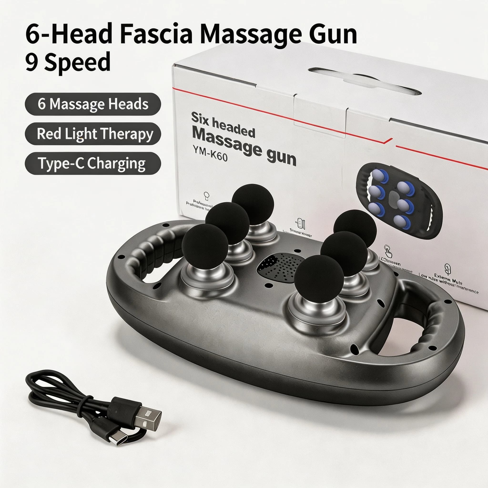 6 Head Massage Gun Deep Tissue Percussion Massager with Red Light 9 Speeds Cordless Muscle Massager Body Relaxation
