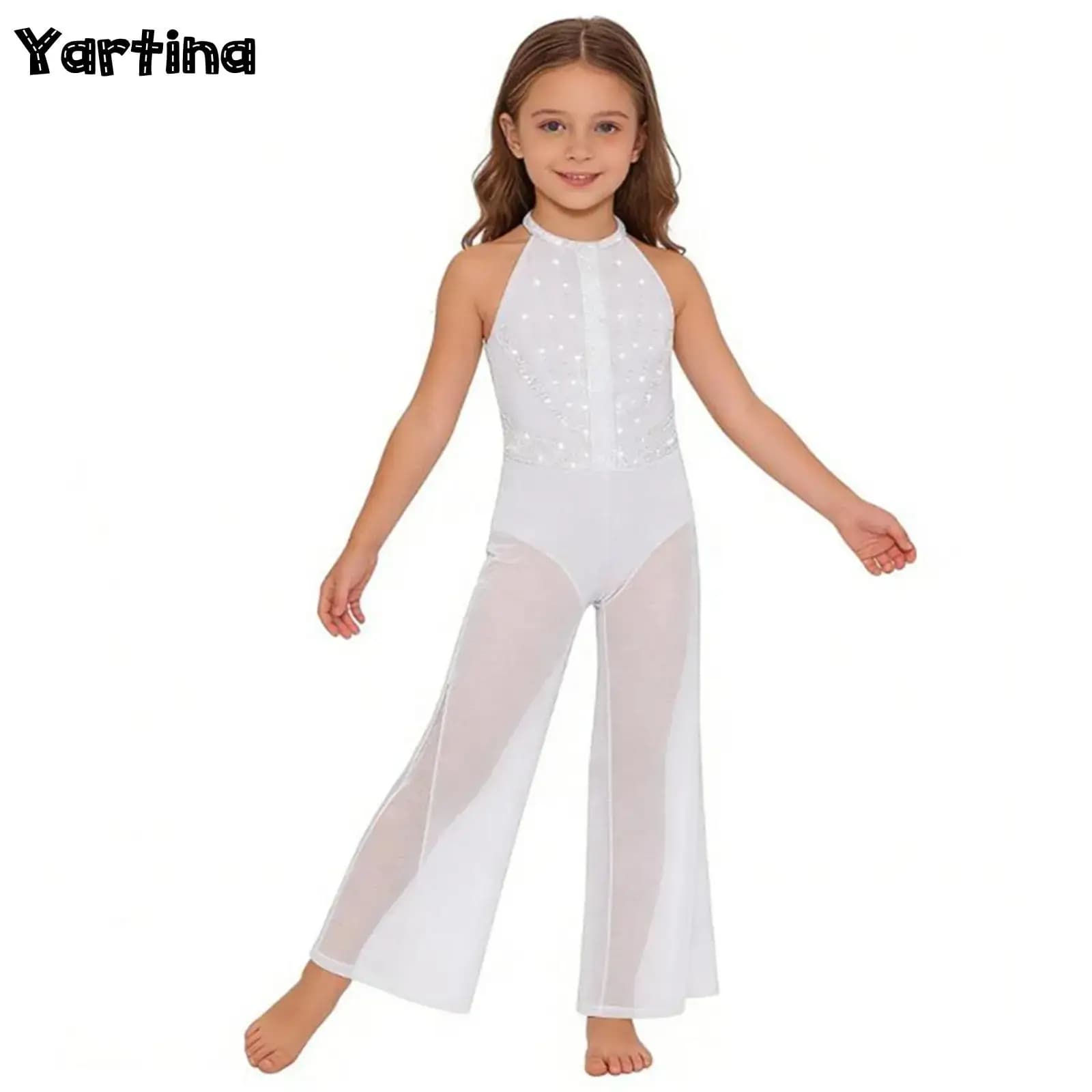 Body da Danza Classica per Bambine con Strass, Tuta Intera per Pattinaggio Artistico, con Spacchi Laterali e Gamba Larga, con Slip Integrato