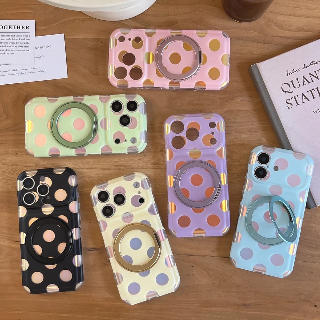 Fashion Illusory Color Polka Dot 360° Rotating Ring Stand Shockproof Protective Phone Cover Case for iPhone 17 16 15 Pro Max