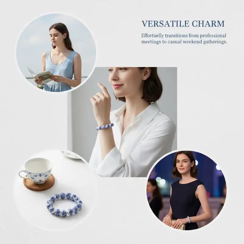 Bracciale vintage con perline in ceramica di porcellana blu e bianca per donna, gioielli da matrimonio classici ed eleganti, accessori quotidiani