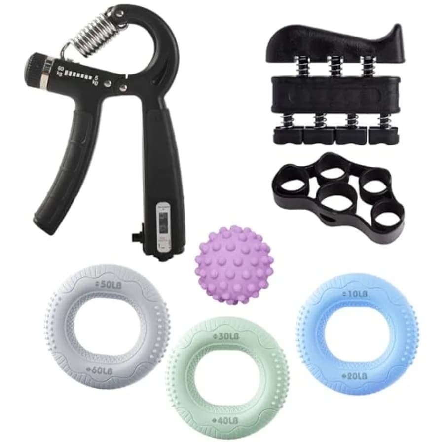 Kit di 7 Pezzi per Allenamento della Forza di Presa e delle Dita con Palla Massaggiante e Anello per Esercizi in Nero Portatile E