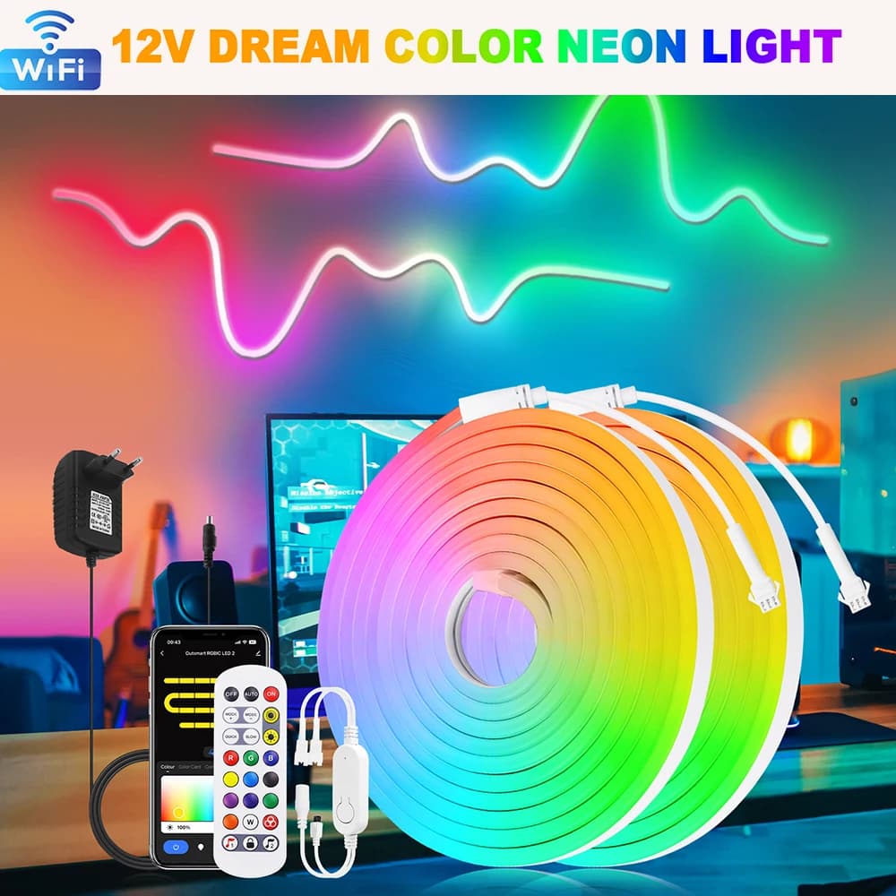 WiFi Smart RGB Neon LED Strip Light 24Key Telecomando 12V EU/US/UK/AU Plug WS2811 84LED/M Decorazione della sala giochi 1M 2M 3M 5M