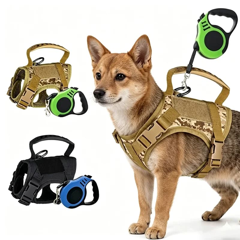 Breathable Tactical Pet Harness Vest with Retractable Leash Adjustable Chest Strap for Small Medium Dogs Cats Outdoor Use