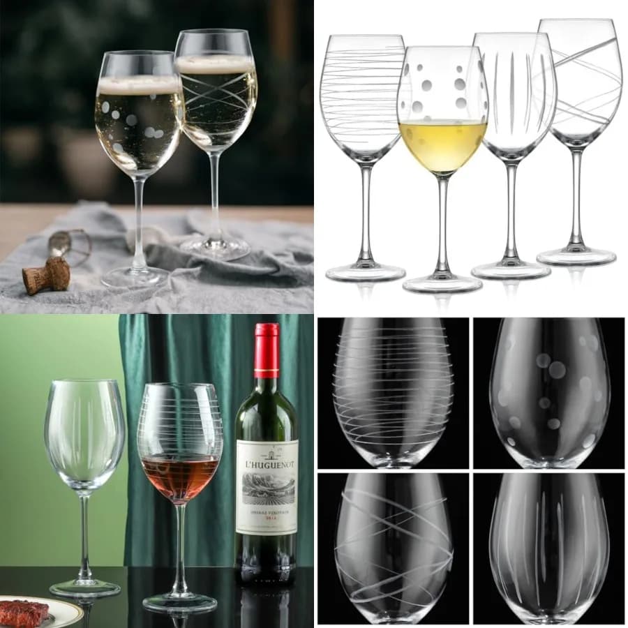 Set di Bicchieri da Vino Rosso e Bianco Soffiati a Mano, con Motivo a Strisce e Punti, Bicchieri con Stelo Lungo Intagliato