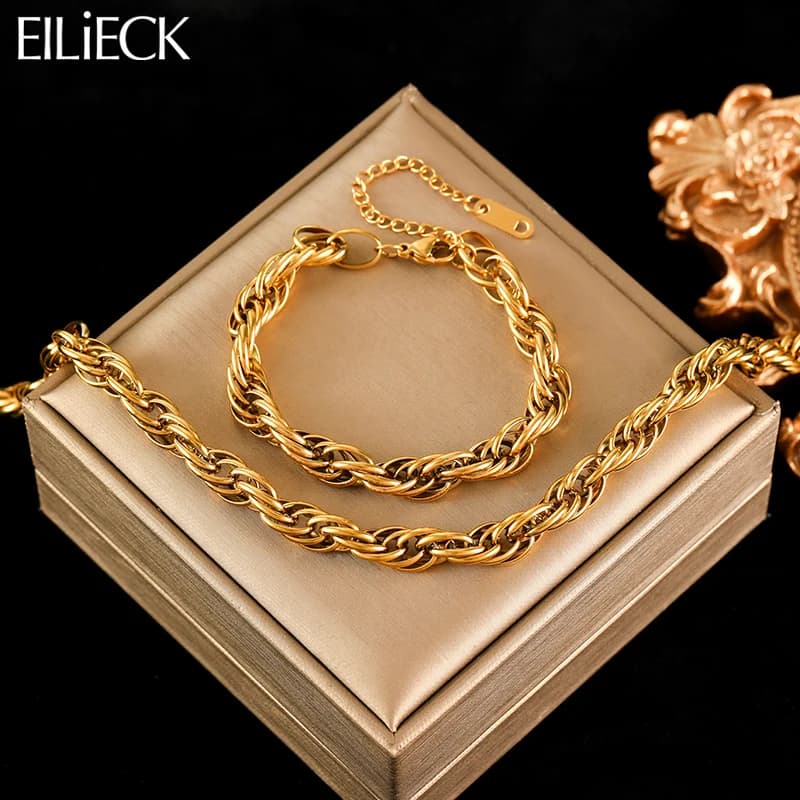 EILIECK 316L Stainless Steel Metal Gold Color Twist Thick Chains Neckalces Bracelet Set For Women New Trendy Jewelry Collar Gift
