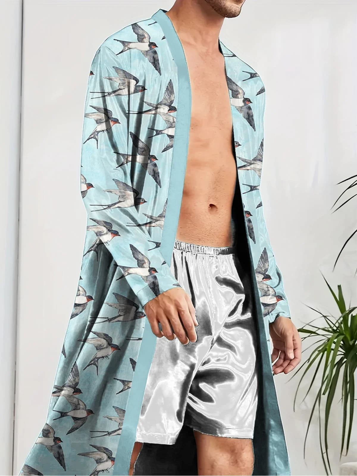 Vestaglie da uomo 2025 camicia da notte per la casa stampata in 3D con motivo a rondine indumenti da notte lunghi larghi accappatoio ad asciugatura rapida delicato sulla pelle sottile