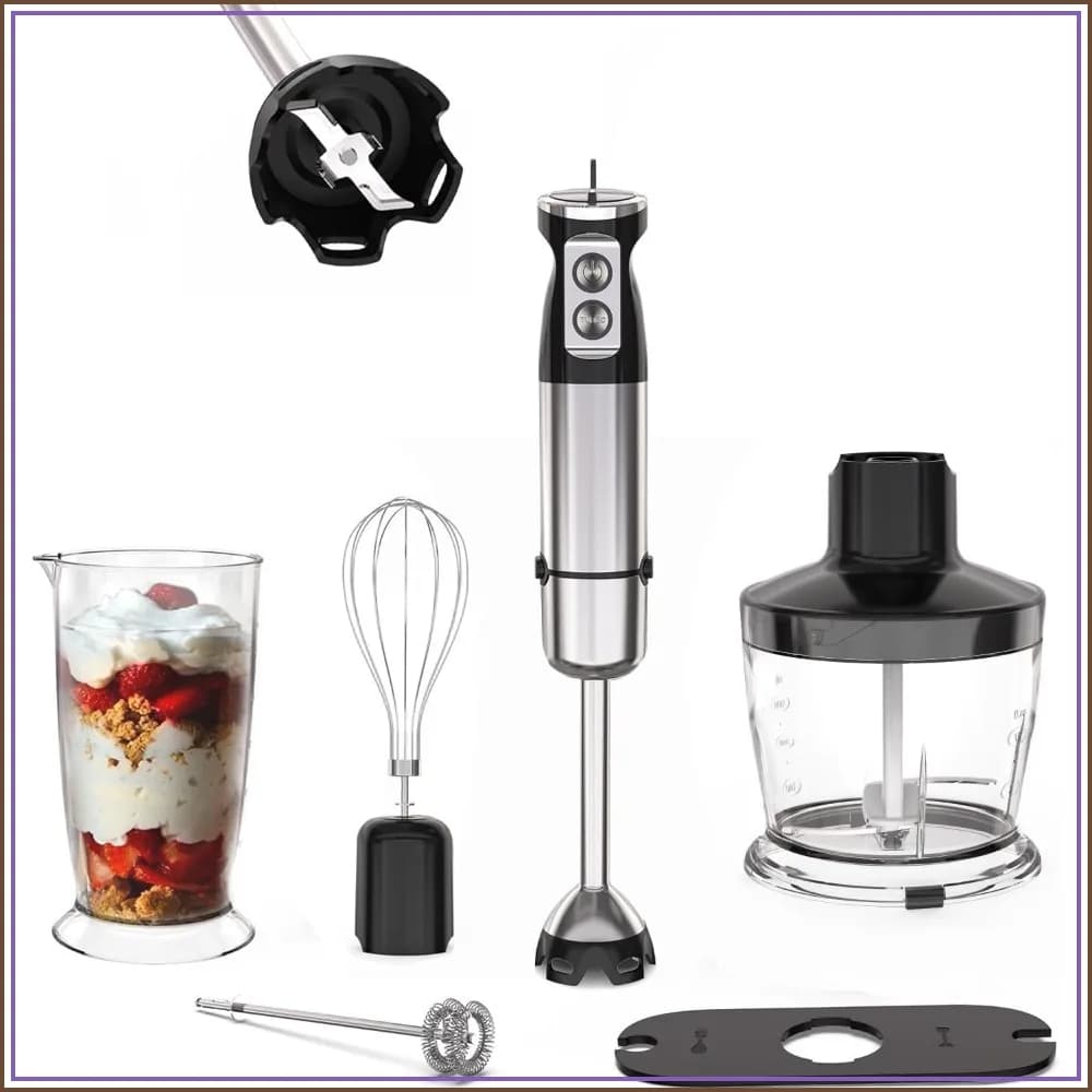 5 in 1 Immersion Blender Handheld, Corded Stick Hand Mixer with Chopper, Beaker, Whisk, and Milk Frother for Smoothies, Soups, Sauces, Baby Food