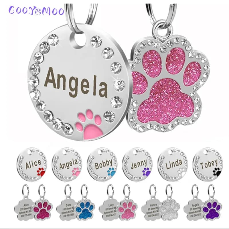 Tag identificativi con ciondolo per collare con nome dell'animale domestico inciso in acciaio inossidabile Collana con ciondolo con diamante inciso anti-smarrimento personalizzato per ID di cane gatto