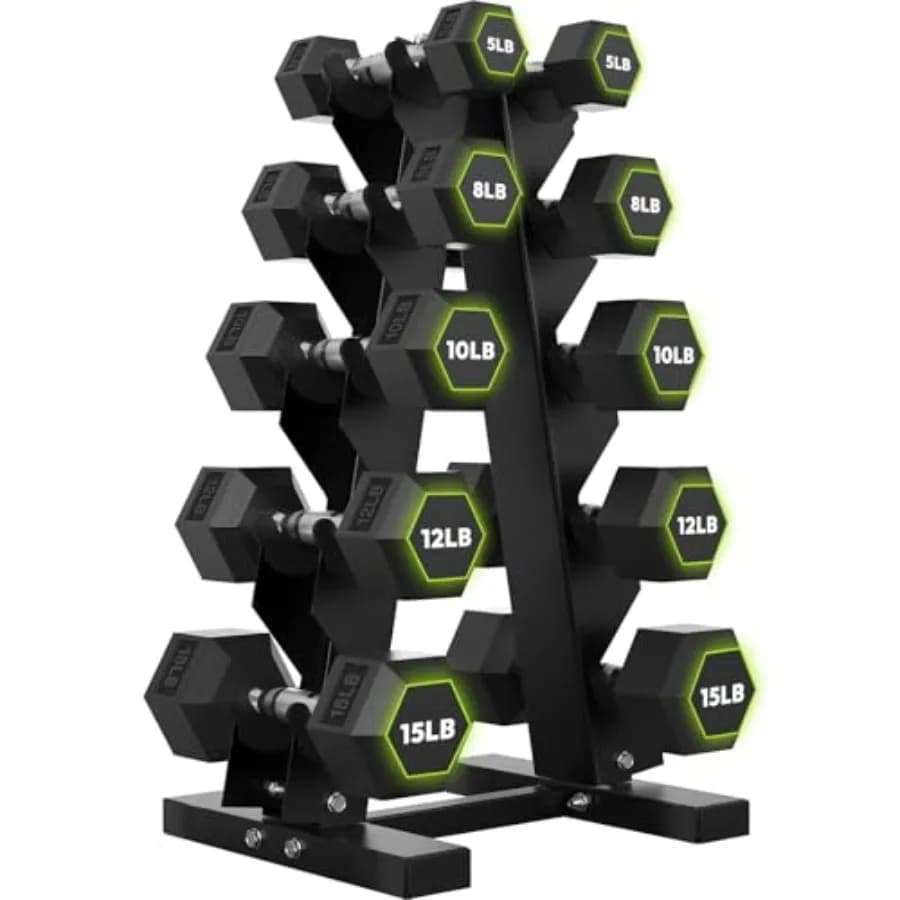 Set di manubri esagonali rivestiti in gomma con supporto a forma di A, da 100 libbre a 550 libbre, diverse opzioni di peso, forma esagonale antiscivolo, impugnatura ergonomica
