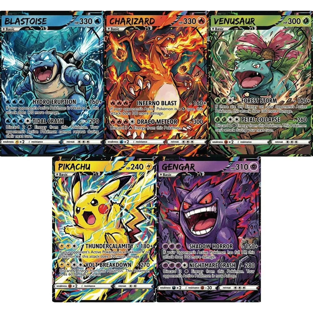 5 Carte Pokémon Stile Impact: Gengar, Charizard, Blastoise, Venusaur, Carte Rare Olografiche PTCG, Collezione di Carte da Gioco, Regalo Pokémon