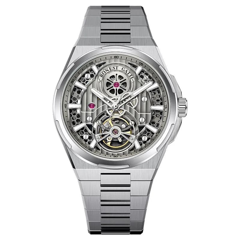BONEST GATTI Men Automatic Watch Luxury 42mm Mechanical Wristwatch Sapphire Mirror Skeleton Flywheel Dial Luminous