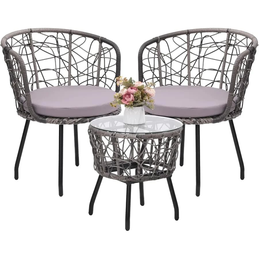 Set da bistrot moderno da esterno con piano in vetro temperato e 2 sedie per giardino o patio con cuscini lavabili in rattan grigio