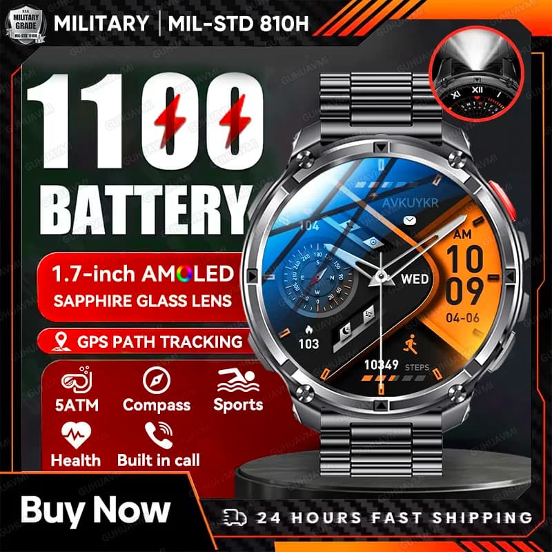 2026 Nuovo Militare 1100mAh Batteria Astuto Della Vigilanza 1.7 "Schermo AMOLED GPS Ride Swim tracker All'aperto Bussola 5ATM Braccialetto Impermeabile