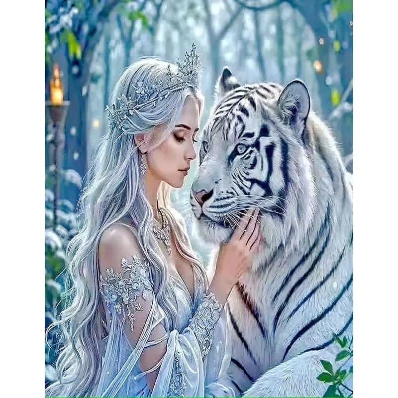 SDOYUNO Diamond Painting Princess White Tiger Full Square Diamond Embroidery Animal Cross Stitch Kit Wall Art Decor Gift