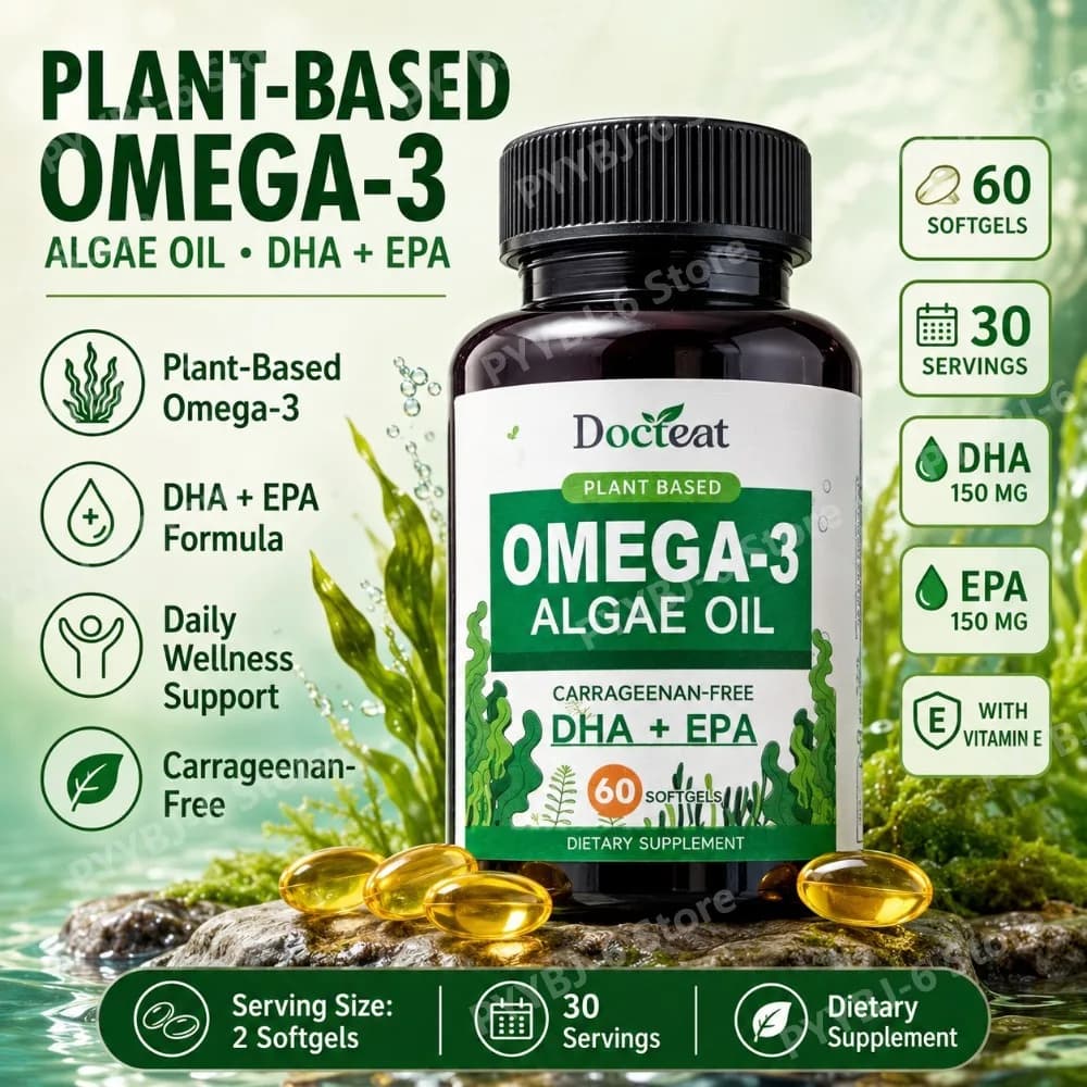 Integratore di Omega-3 a Base Vegetale in Capsule Morbide, Olio di Alghe DHA EPA, 60 Capsule, Supporto Quotidiano per il Benessere Vegano, Senza Carragenina, con Vitamina E