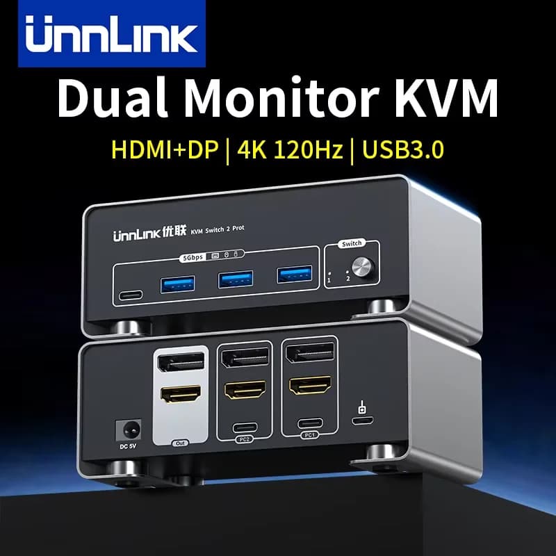 Unnlink 4K 120Hz HDMI + DP Dual Monitor KVM Switch 2 Monitor 2 Computer 8K 60Hz con USB 3.0 per Win/Mac PC Condividi Mouse Tastiera