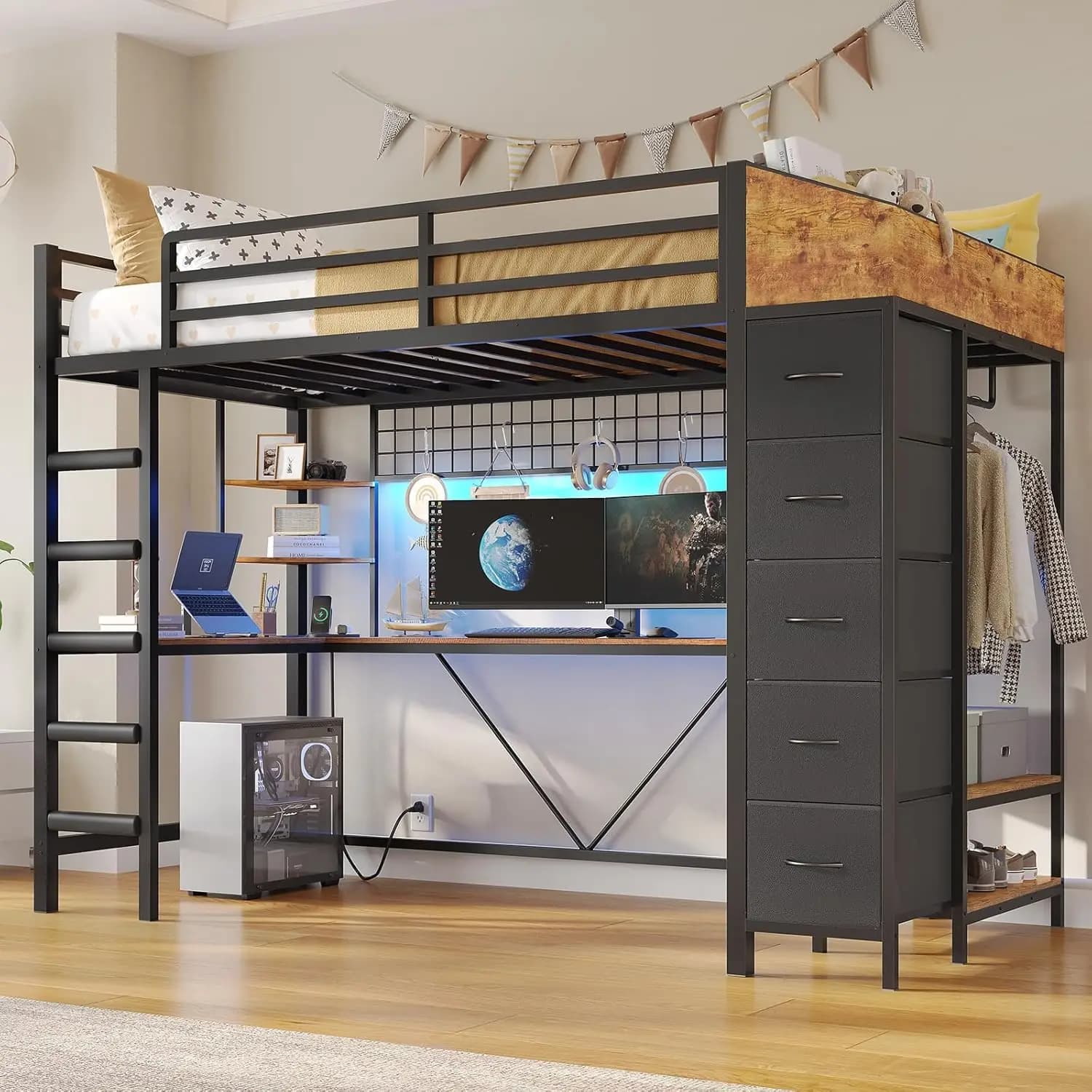 Letto a soppalco doppio con appendiabiti, stazione di ricarica, luci LED, scrivania a L, 5 cassetti, scale, senza rete a doghe, nero, personalizzabile
