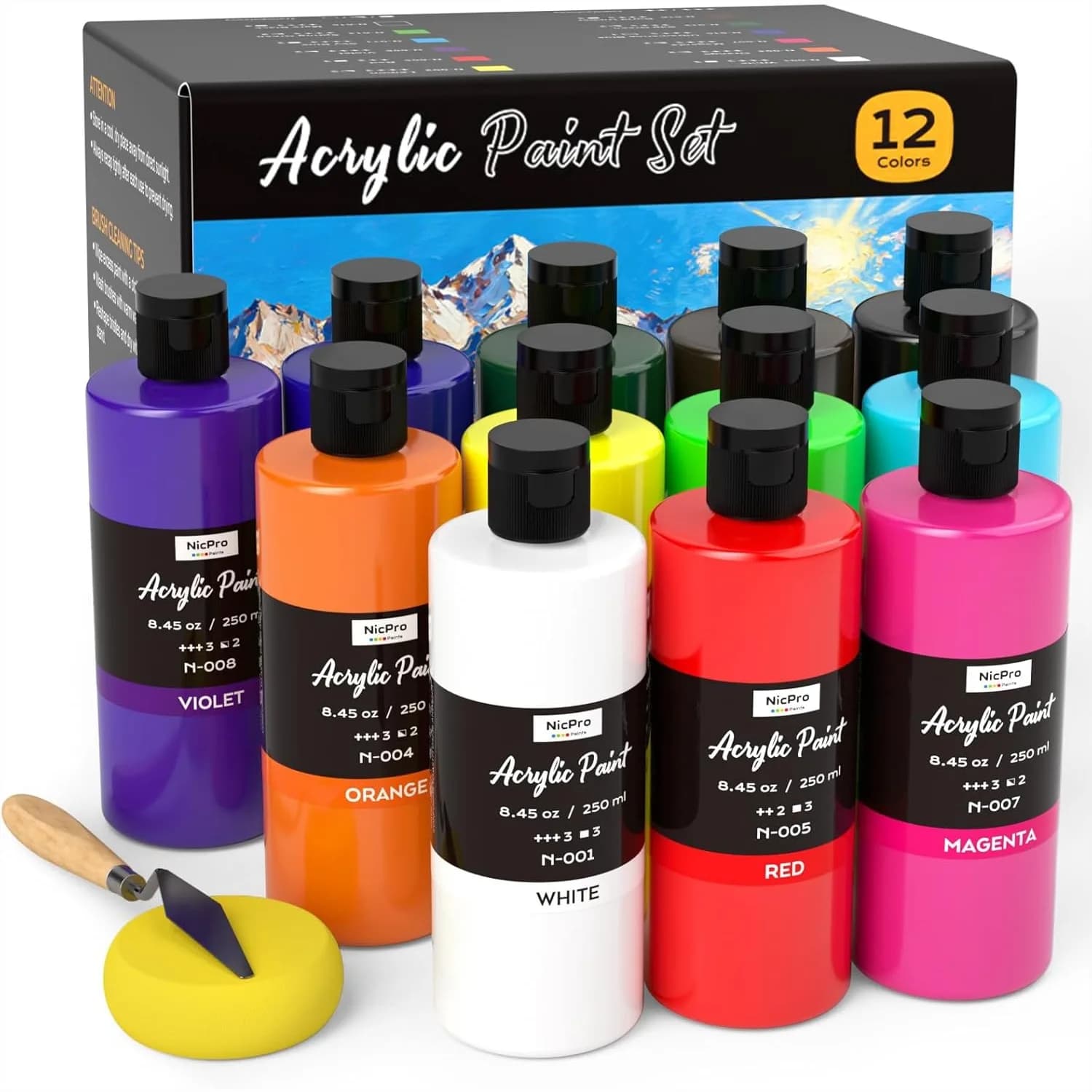 12 Colors Acrylic Paint Set 8.45 oz Each for Canvas Wood Ceramic Fabric Craft with Color Wheel