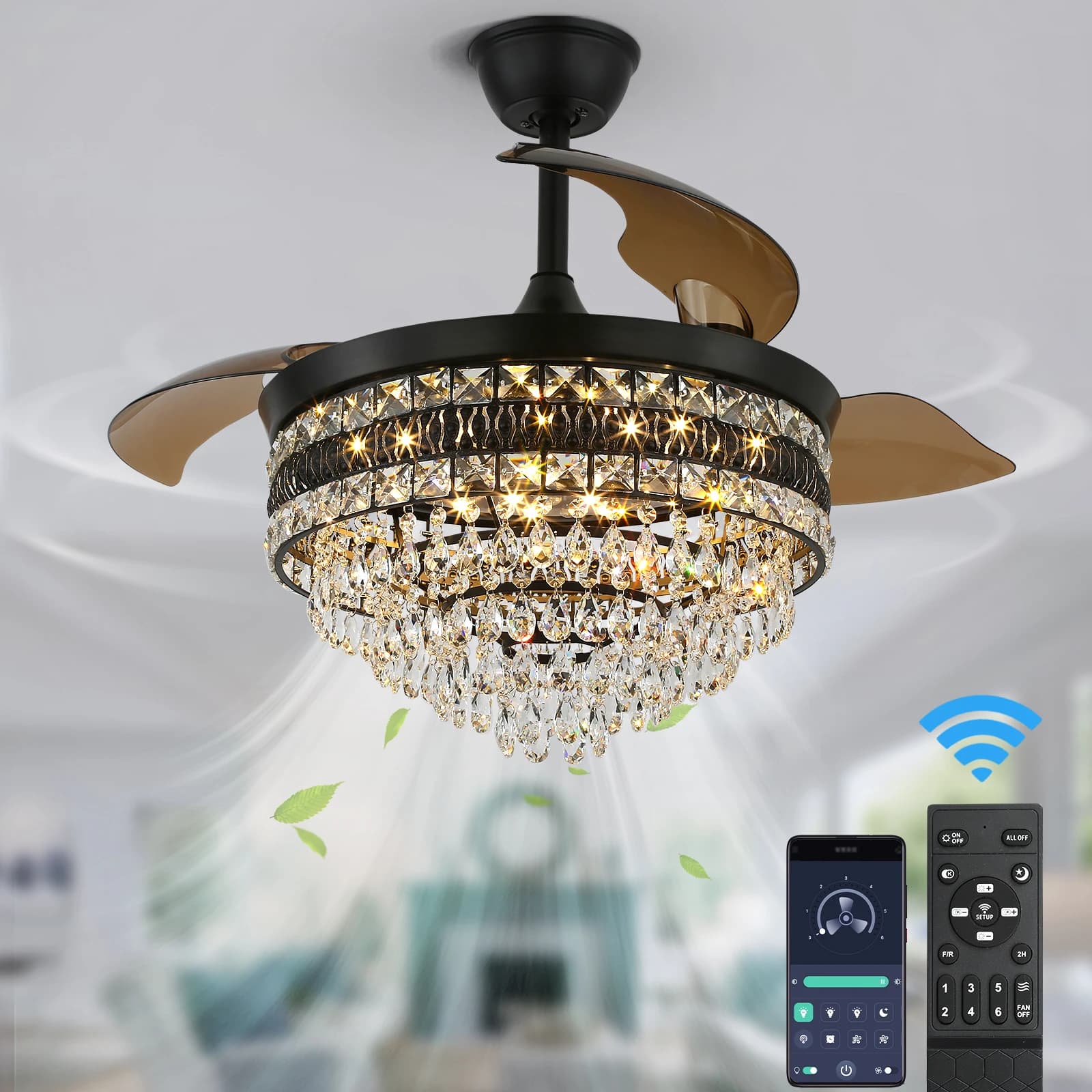 GreeLustr Ventilatore da Soffitto Moderno Intelligente con Lampadario Dorato, Telecomando, 6 Velocità Regolabili, Lampada a Sospensione per Camera da Letto, 3 Teste LED, Fandelier
