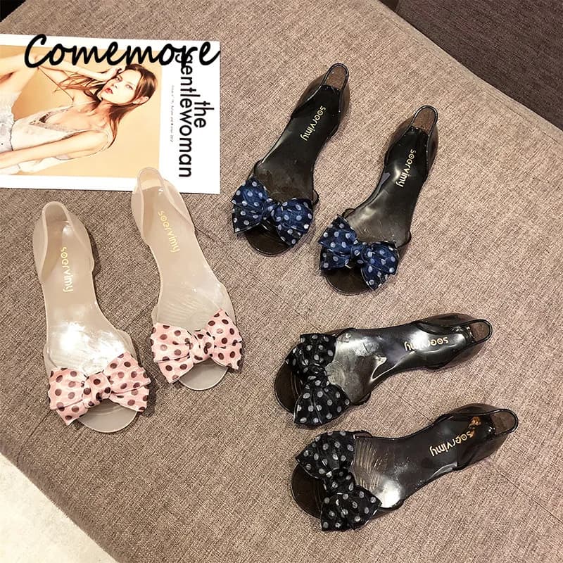 Comemore Korean Style Flats Sandals Fashion Summer Fish Mouth Bow Transparent Jelly Shoes Femme Flat Beach Leisure Footwears