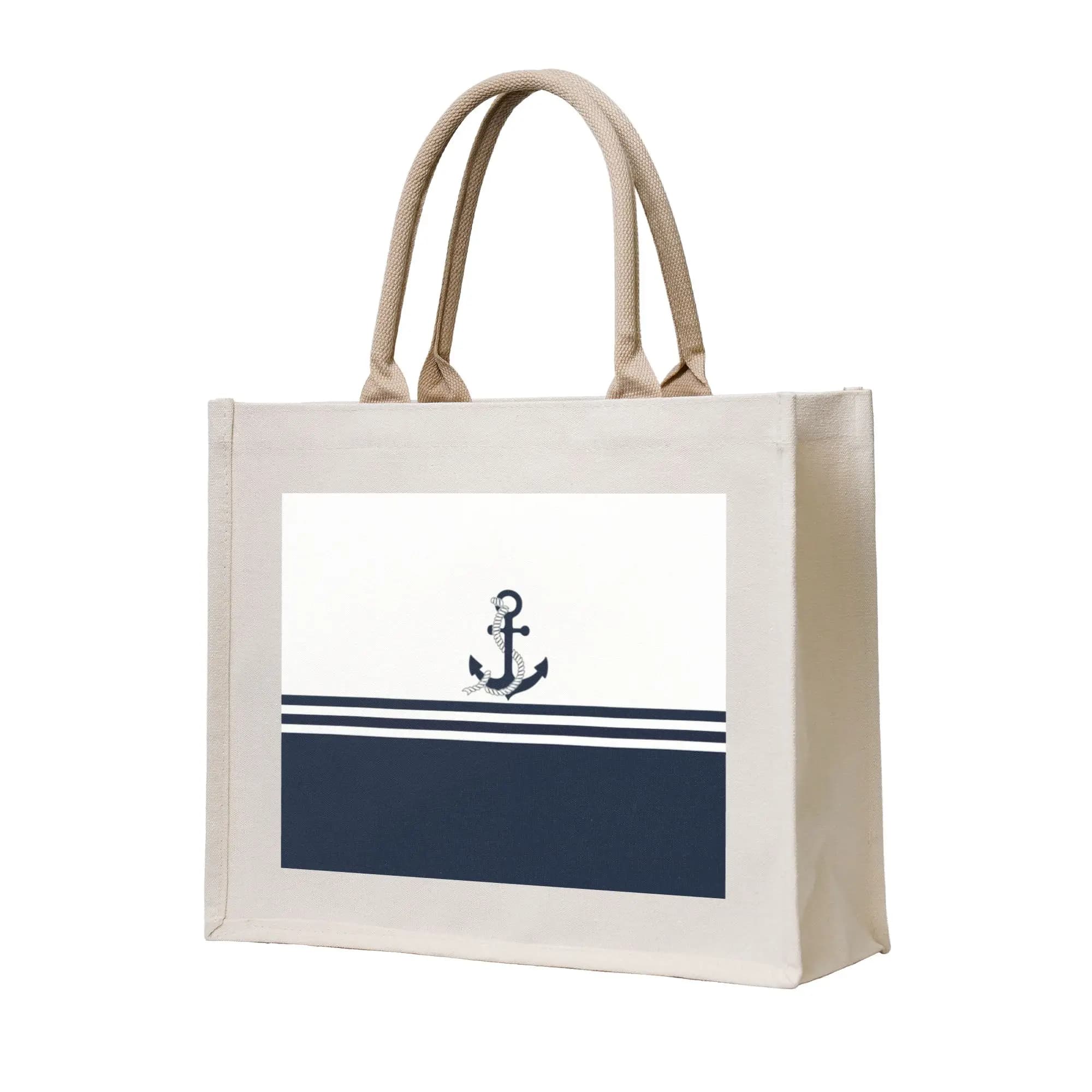 Borsa Shopper Blu Navy a Righe con Ancora Nautica e Barca, Portatile, per la Spesa, a Tracolla