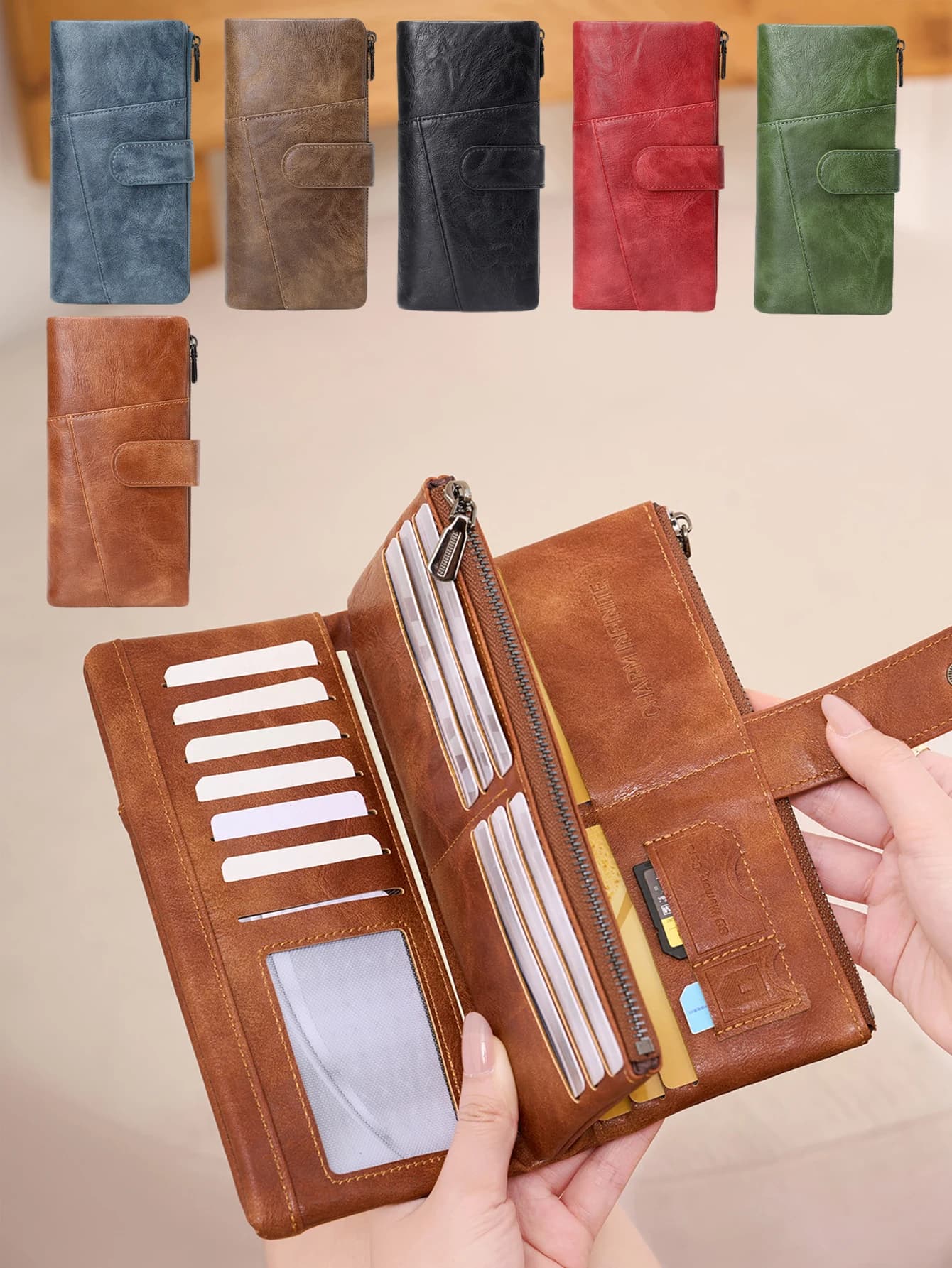 Portafoglio Lungo con Protezione RFID, Multi-Scomparto, in Pelle PU, Portamonete con Cerniera per Uso Quotidiano Femminile
