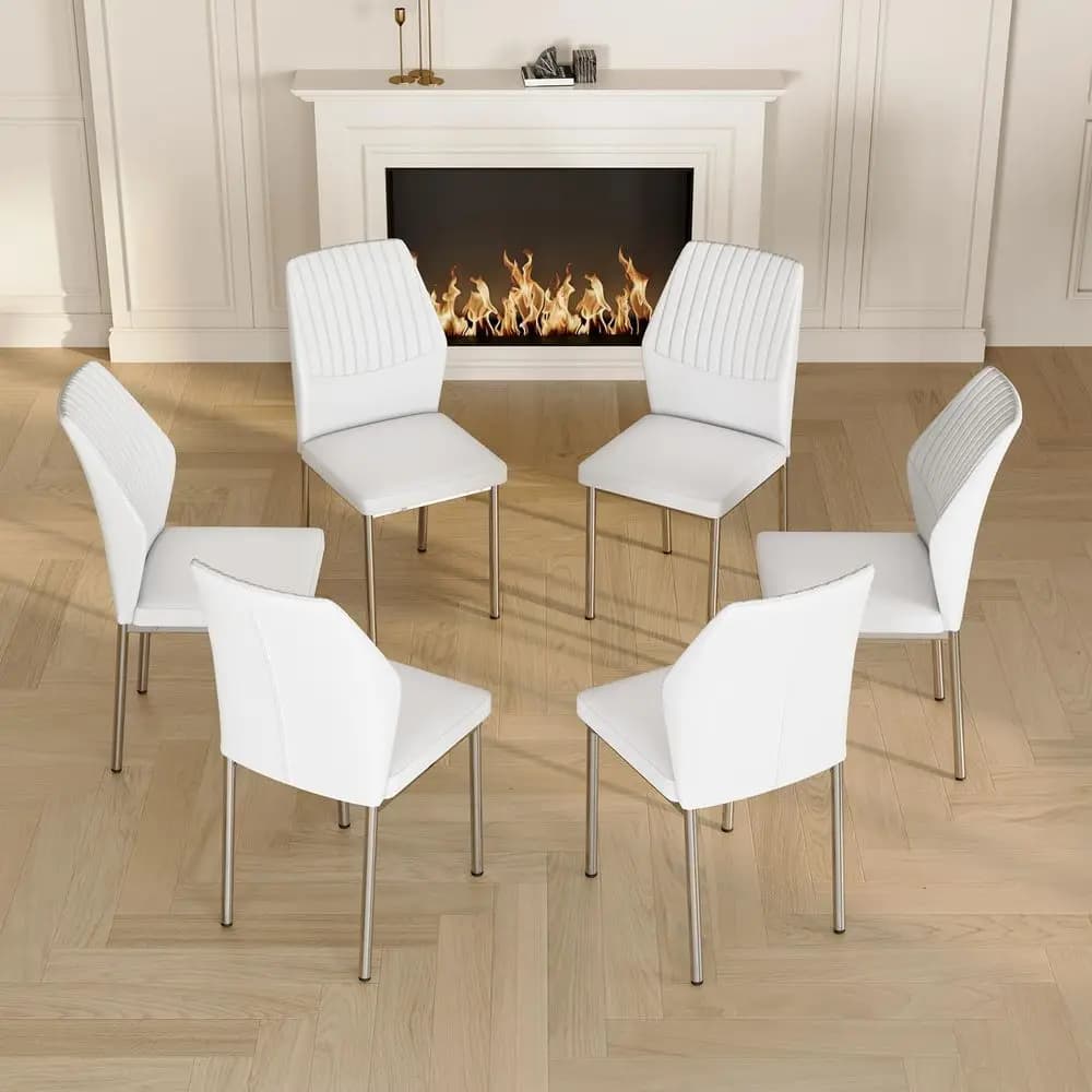 Set di 6 Sedie da Pranzo in Pelle PU Bianca con Cuscini, Gambe in Metallo per Cucina o Ristorante