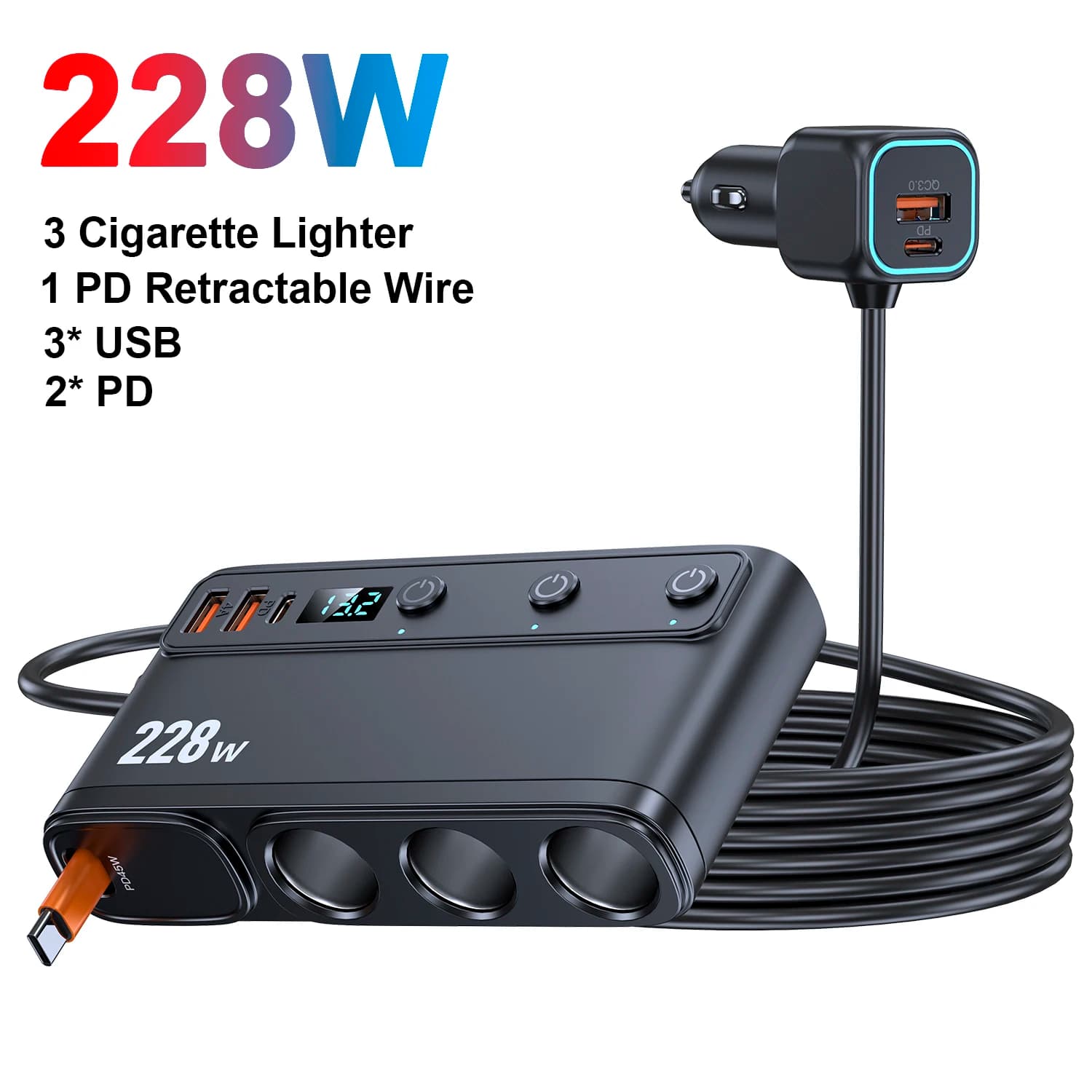 228W 9 in 1 Car charger 3 doors Splitter 12V 24V cigarette lighter Fast charger Spina Power adapter for iPhone GPS Dashcam