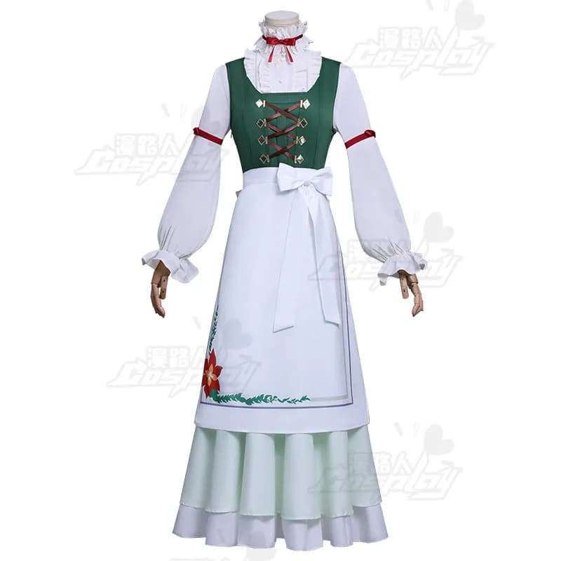 Collaboration Fern Cosplay Costume, Green White Apron Dress, Halloween Carnival Party Role Play Outfit for Women