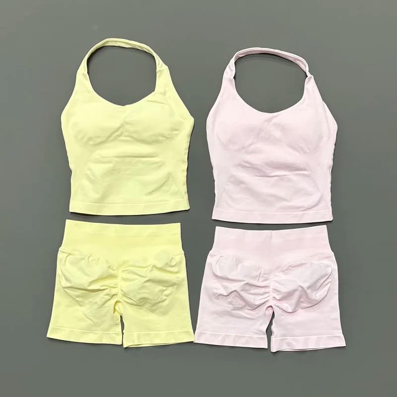 Set da palestra da 2 pezzi per donna, top senza schienale con laccio al collo, pantaloncini senza cuciture ad alta elasticità, abbigliamento sportivo per yoga, allenamento, fitness, corsa e atletica.