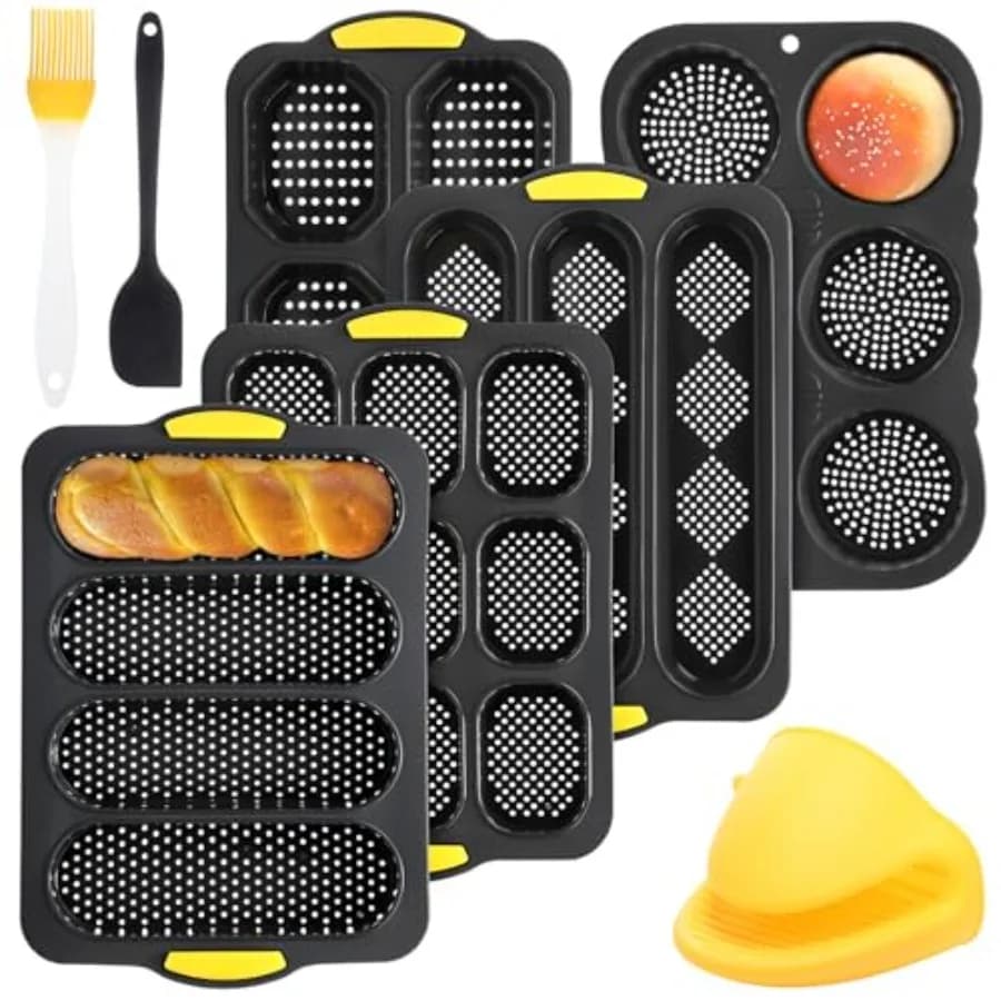 Set di 8 Stampi in Silicone per Baguette e Hamburger, con Stampi per 4, 6, 9 Panini Francesi e 3 Stampi Antiaderenti per Baguette con Utensili Inclusi