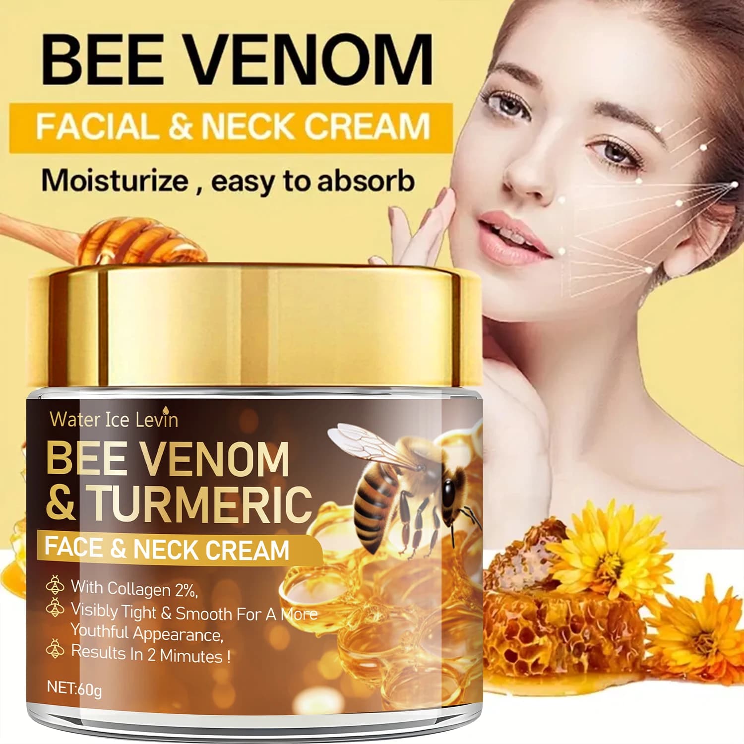 Water Ice Levin Bee Venom Turmeric Crema viso e collo idratante, rassodante, levigante, collagene al 2%, aspetto giovanile, facile da assorbire