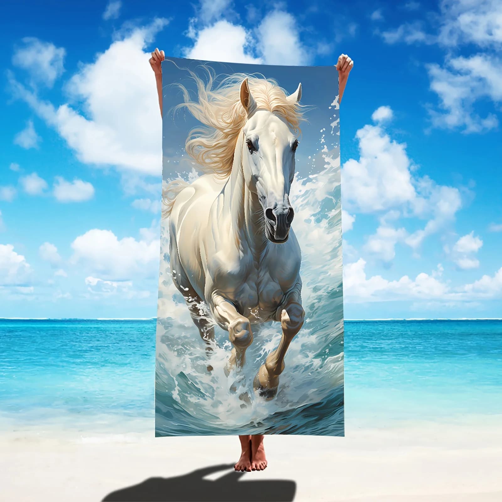 Asciugamano da spiaggia Running White Horse con motivo a righe, protezione solare e antivento, adatto per piscina, campeggio, viaggi, coperta