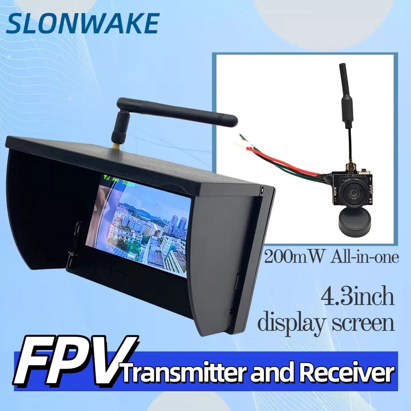 Telecamera SLONWAKE 5.8G per trasmissione video analogica 200mW All-in-One, con display FPV da 4,3 pollici per droni da corsa FPV RC.