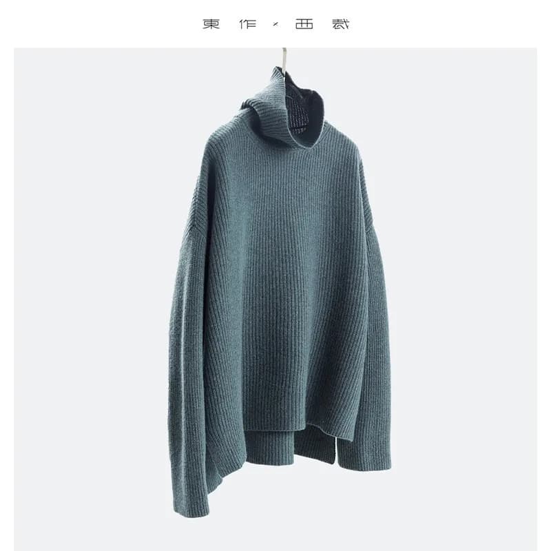 [Only a Few Pieces in Stock] 100% Wool Pullover with a Stylish Design~ High-Neck, Stacked Collar, Loose Mid-Length Thick Sweater