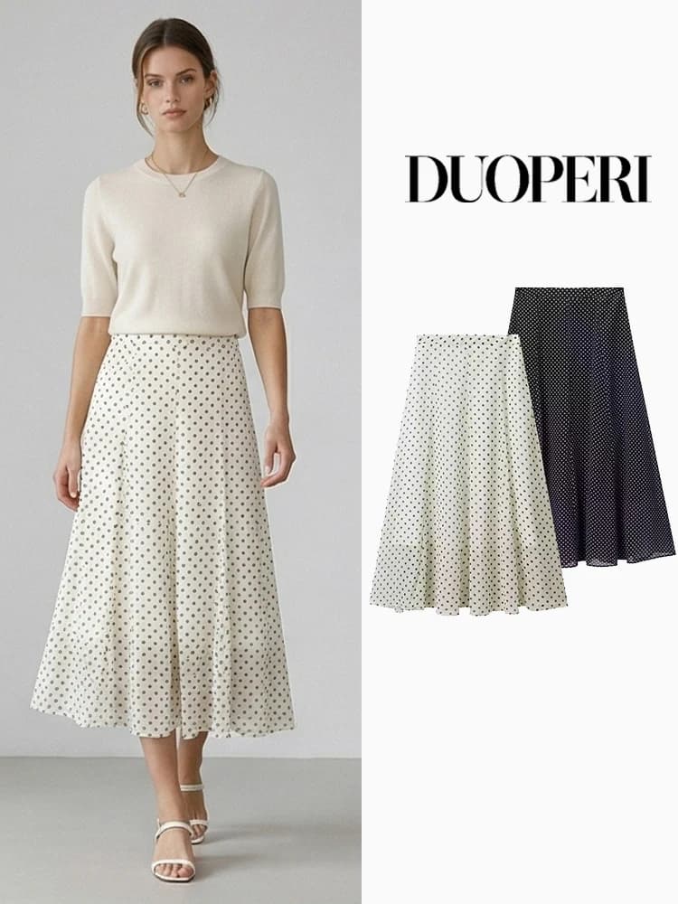 DUOPERI Women Fashion Dot Printed Pleated A-Line Midi Skirt Vintage High Waist Side Zipper Female Chic Lady Skirts