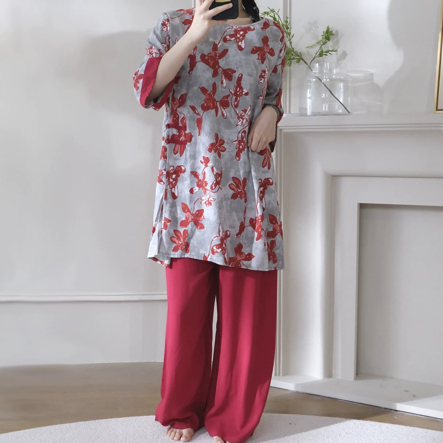 Abito da casa in viscosa per donna Pigiama Set da notte Autunno Top da notte larghi con pantaloni Pigiama da notte confortevole floreale