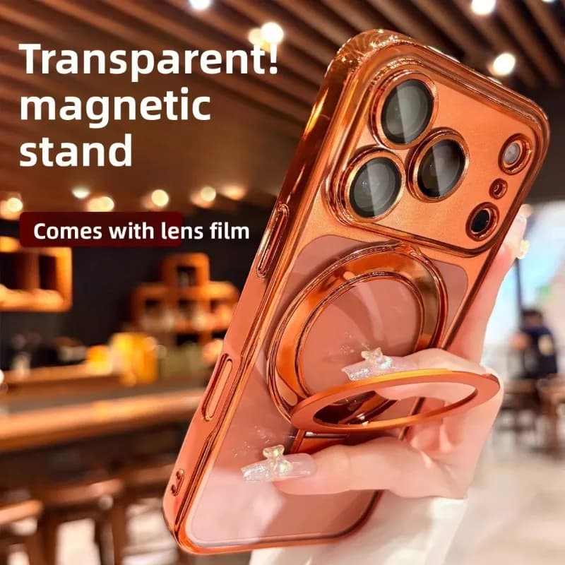 Cavalletto magnetico trasparente placcato per custodia Magsafe per IPhone 17 Pro Max Air 16 15 Plus 14 Protezione per lenti Copertura antigoccia
