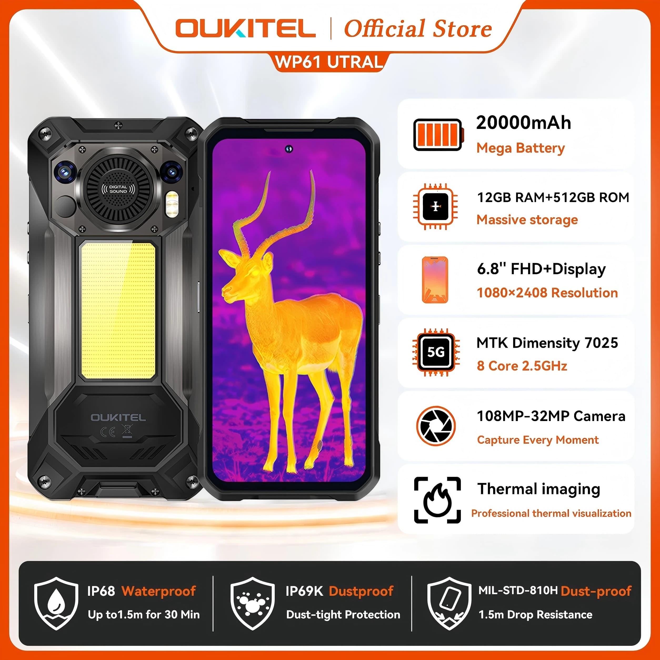 OUKITEL WP61 Telefono Ultra Resistente 20000mAh, 6.78'' HD+ 36GB(12+24)+512GB ROM, 108MP Android 16 NFC Smartphone 5G - Imaging Termico