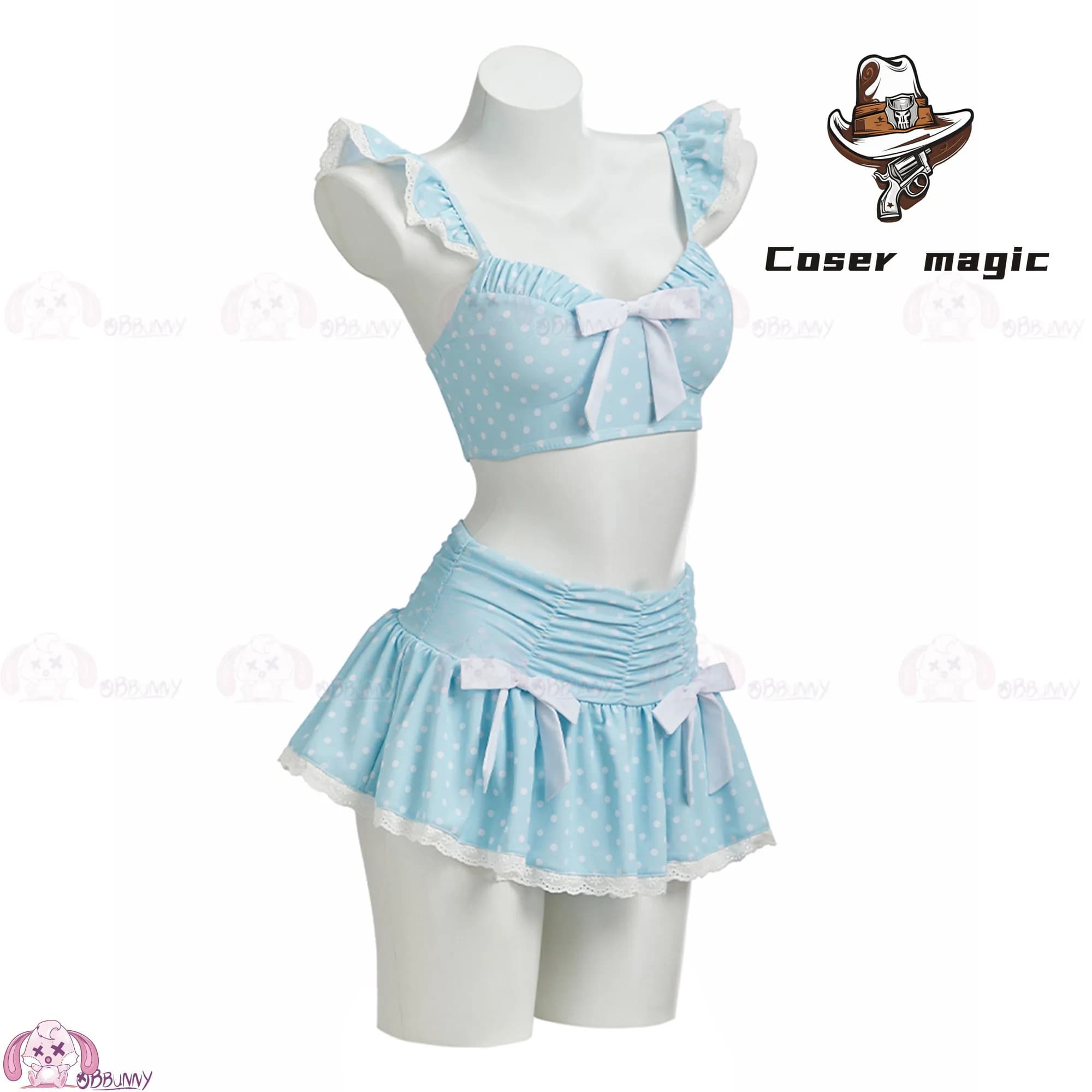 Costume da bagno vintage con fiocco a pois, grazioso costume intero con gonna a balze blu cielo per ragazze