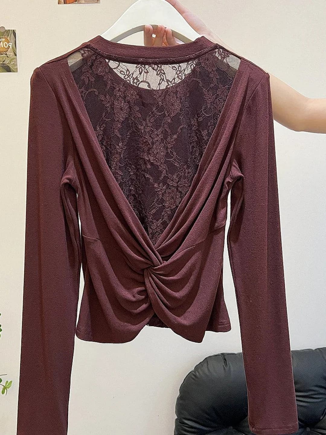Korean Style Long Sleeve T-Shirt Women's Spring New Beautiful Lace Splice Backless Top round Neck Daily Wear Cotton Blend