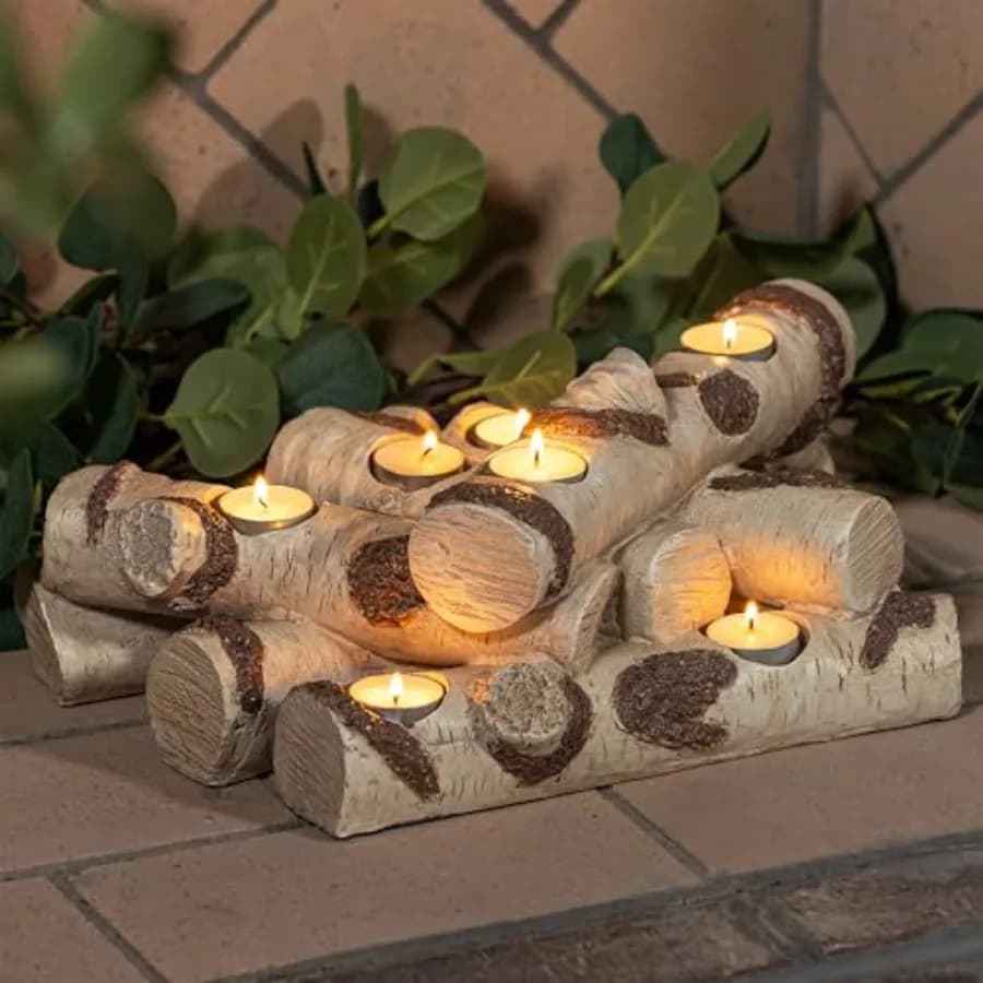 Portacandele per Caminetto in Finto Legno di Betulla, Inserto in Resina per Decorazione Caminetto, Contiene 8 Candele per Caminetto, Accogliente