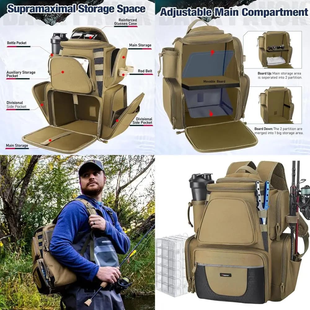 Fishing Backpack with Double Candle Holder and 4 Storage Boxes, Large Fishing Equipment Bag with Rain Cover